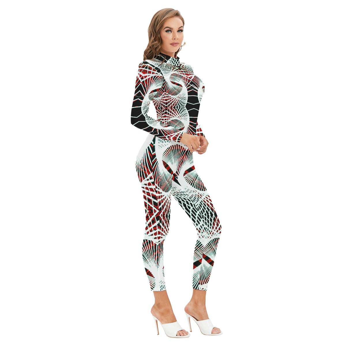 All-Over Print Women's Long-sleeved High-neck Jumpsuit With Zipper