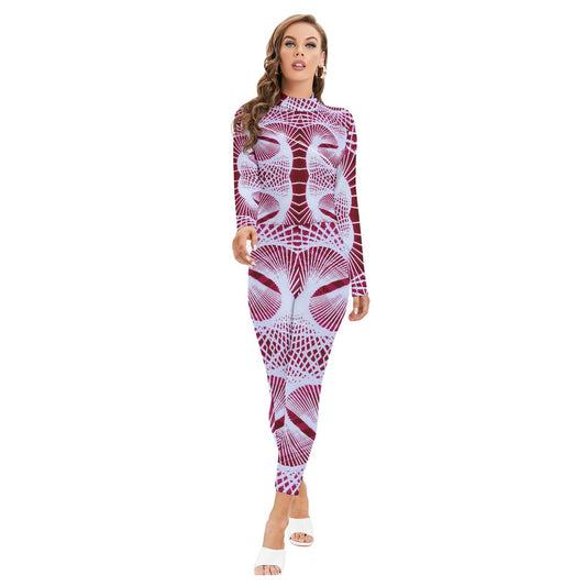 All-Over Print Women's Long-sleeved High-neck Jumpsuit With Zipper