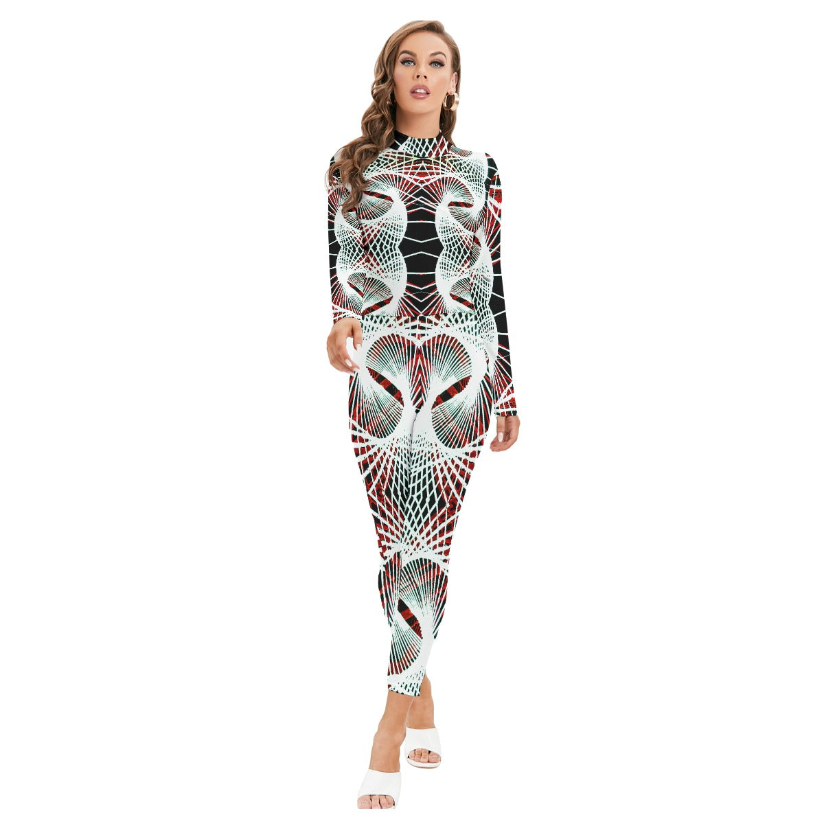 All-Over Print Women's Long-sleeved High-neck Jumpsuit With Zipper