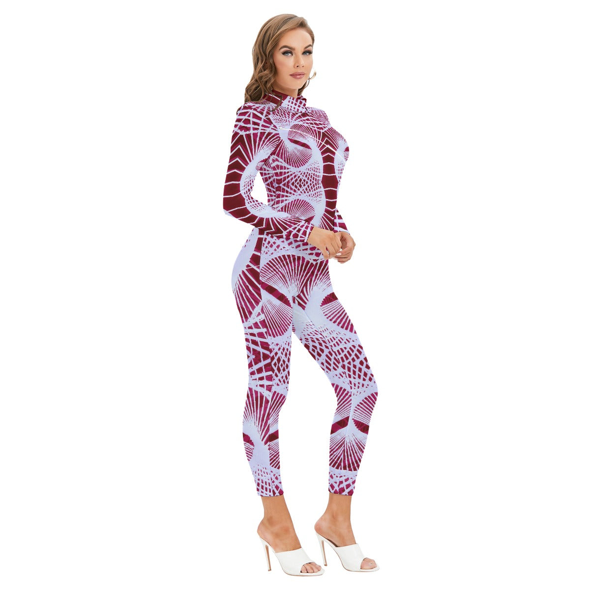 All-Over Print Women's Long-sleeved High-neck Jumpsuit With Zipper