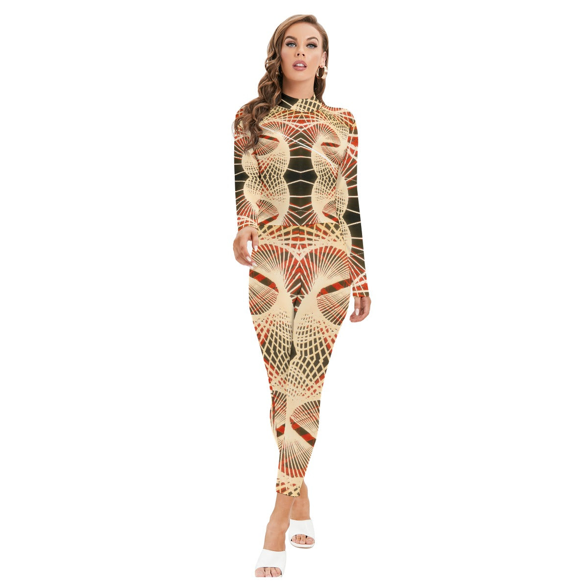 All-Over Print Women's Long-sleeved High-neck Jumpsuit With Zipper