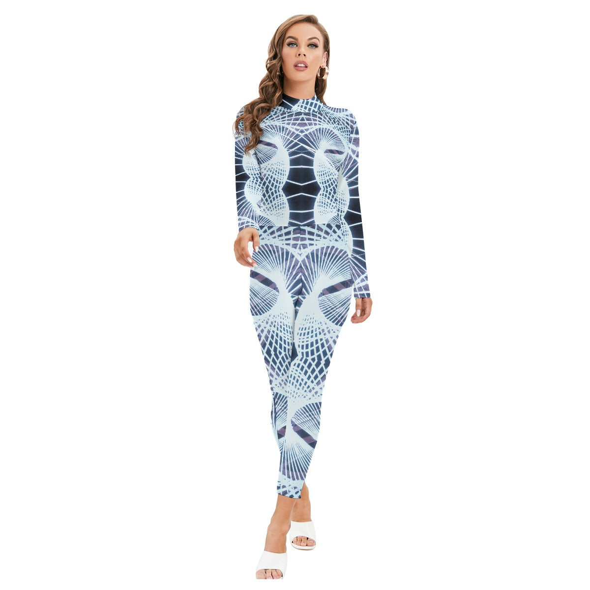 All-Over Print Women's Long-sleeved High-neck Jumpsuit With Zipper