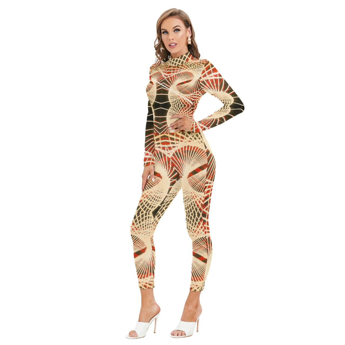 All-Over Print Women's Long-sleeved High-neck Jumpsuit With Zipper