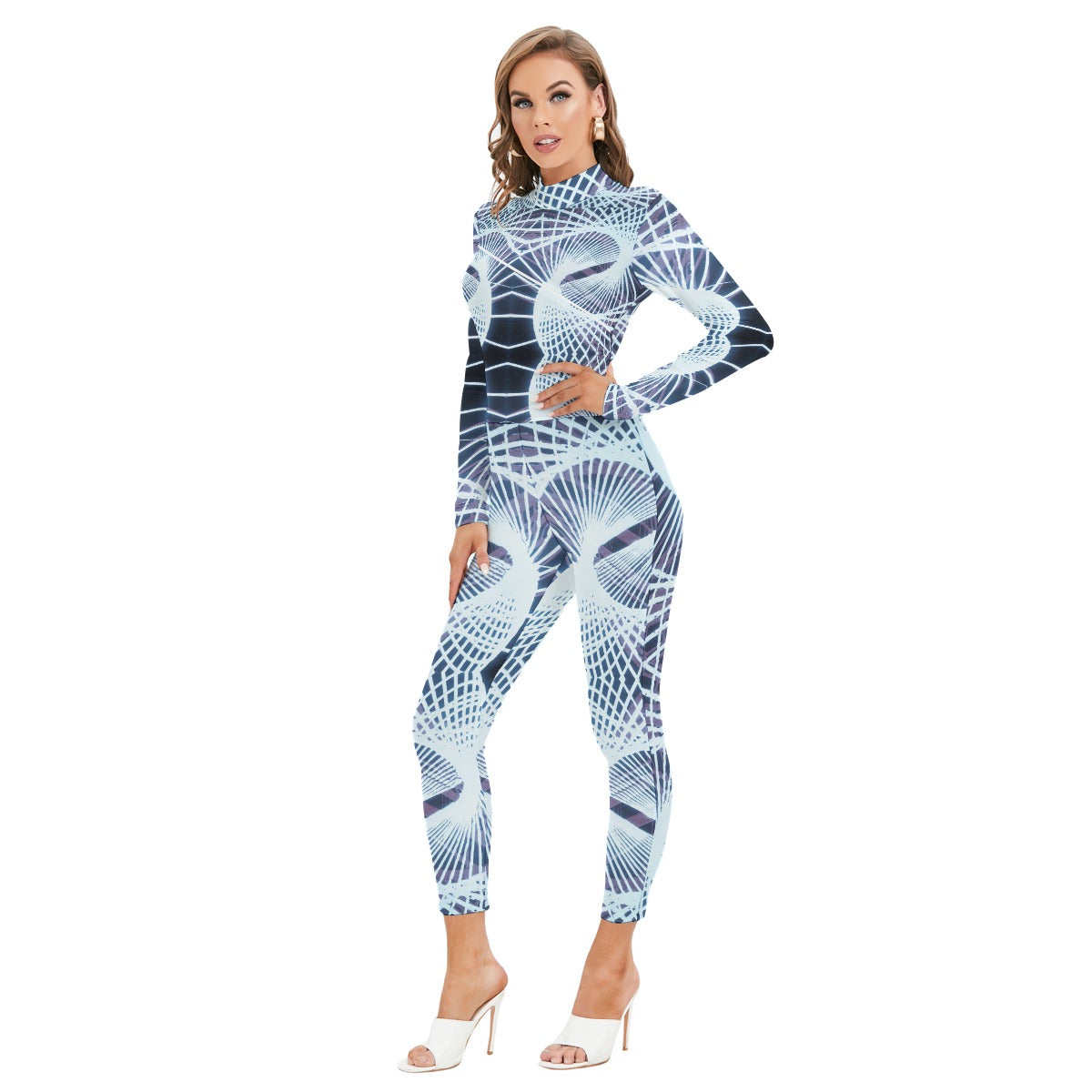 All-Over Print Women's Long-sleeved High-neck Jumpsuit With Zipper