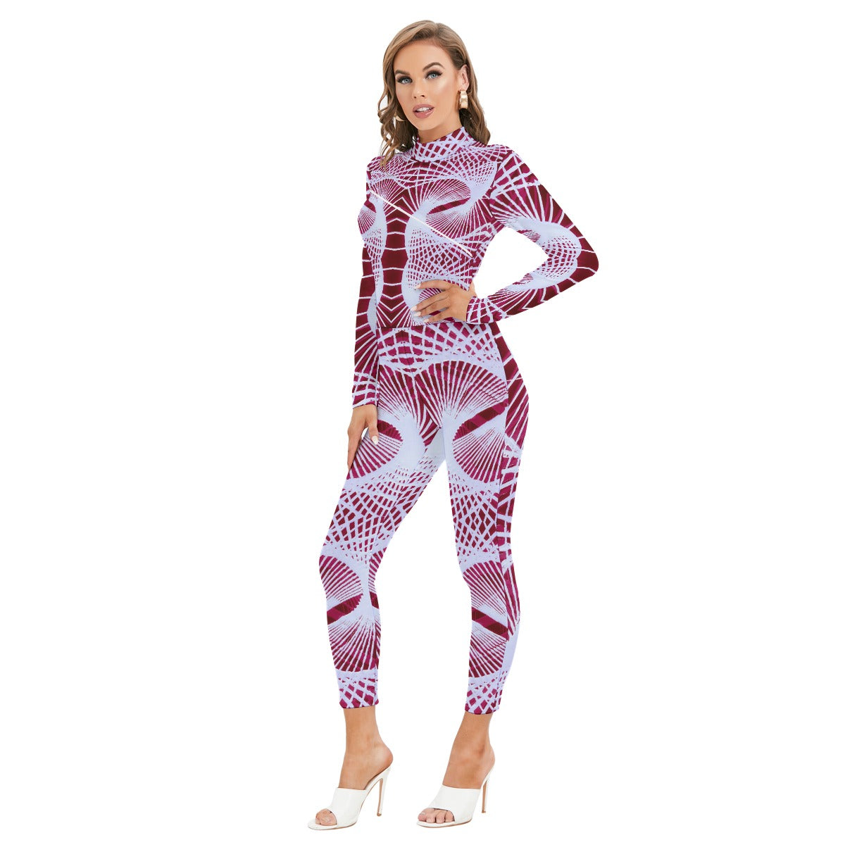 All-Over Print Women's Long-sleeved High-neck Jumpsuit With Zipper