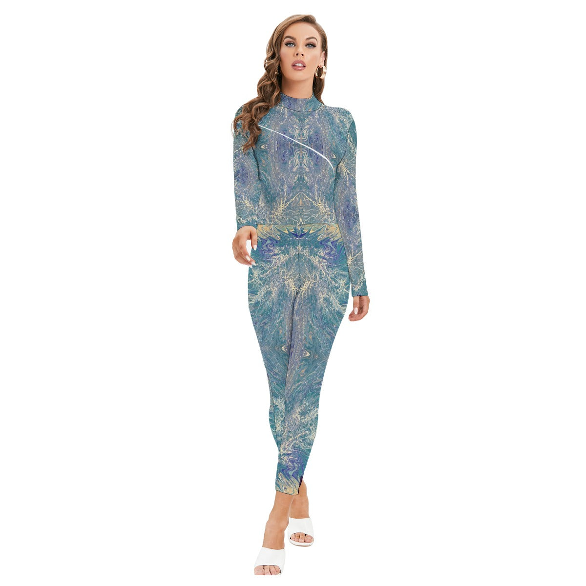 All-Over Print Women's Long-sleeved High-neck Jumpsuit With Zipper