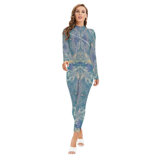 All-Over Print Women's Long-sleeved High-neck Jumpsuit With Zipper